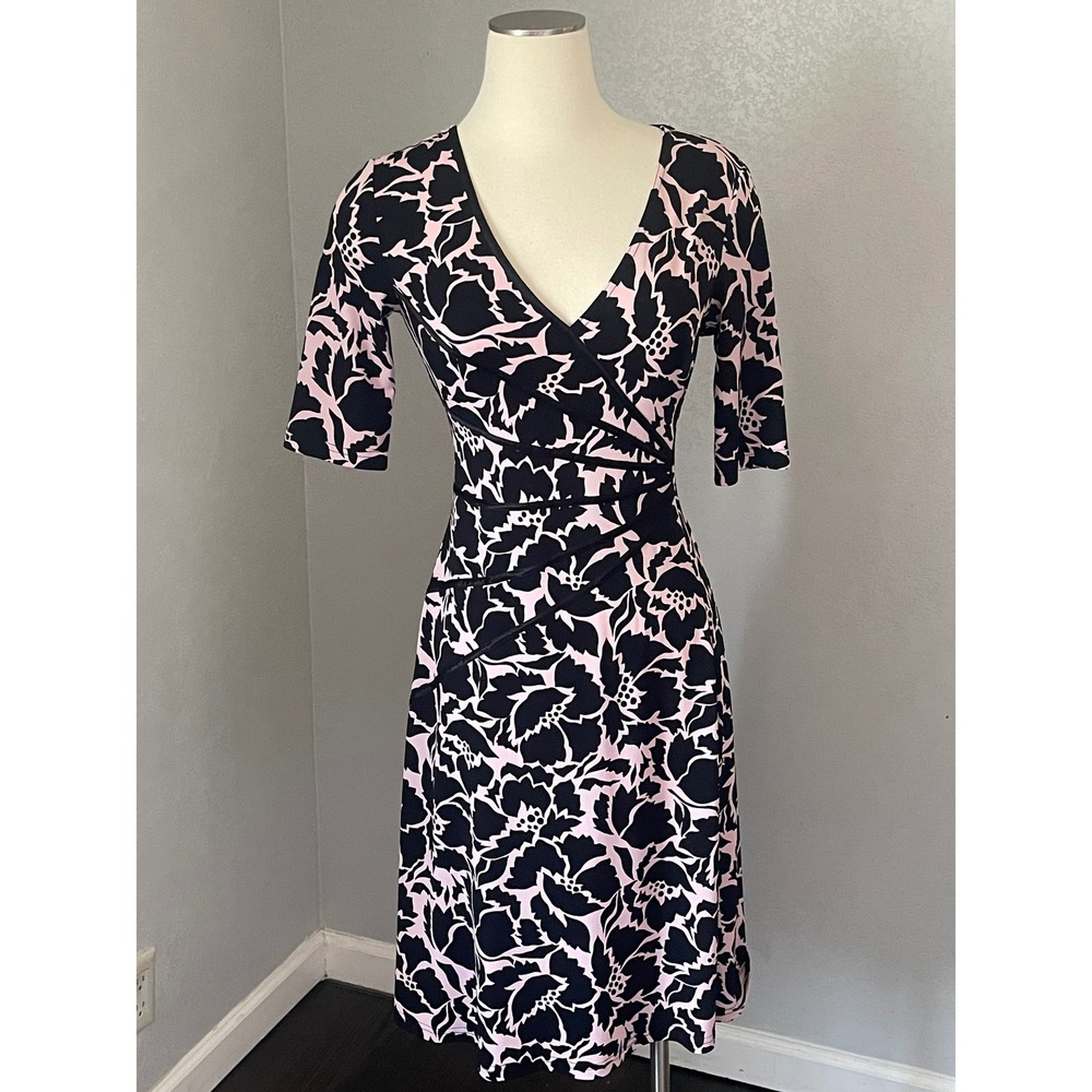 Connected Apparel Pink Black Floral Faux Wrap Dress Size 4 Elbow Sleeve V-Neck